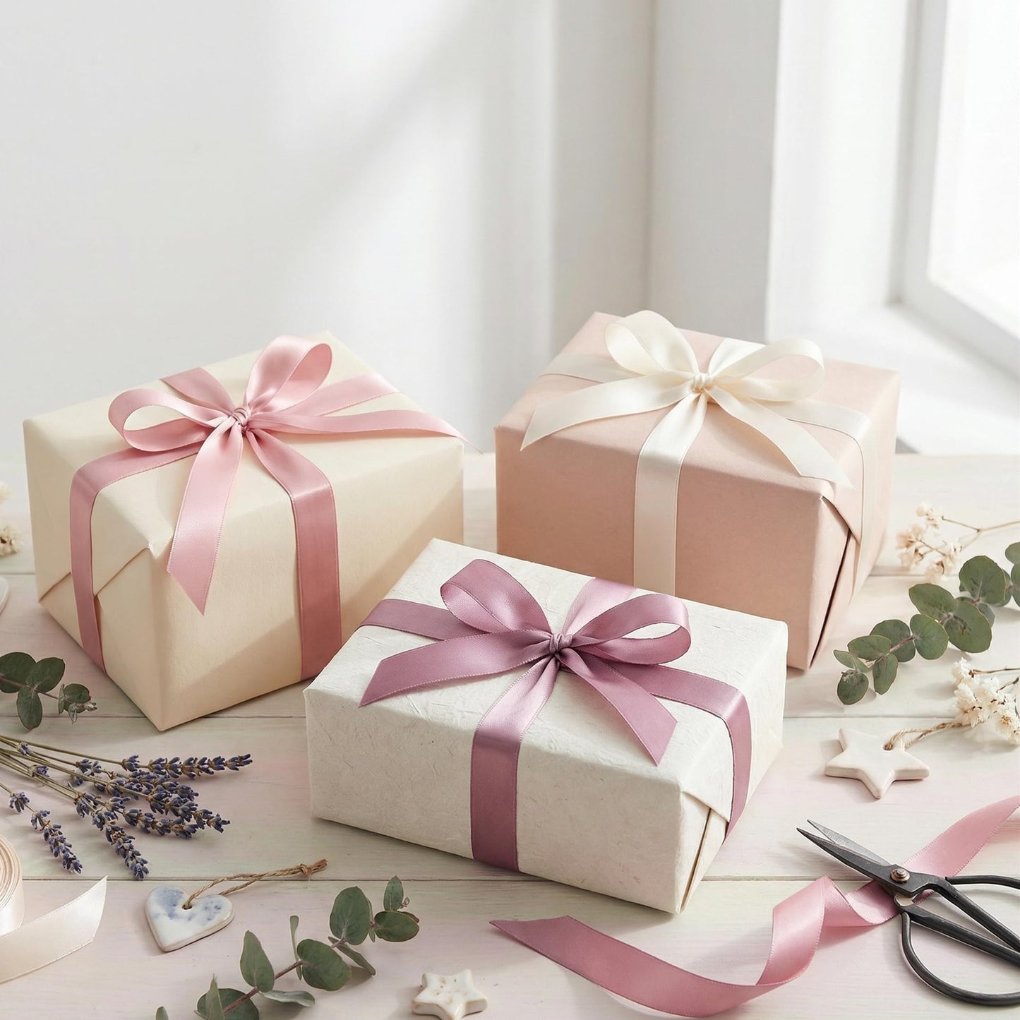 QIANF Dusty Rose Double Face Satin Ribbon 1 Inch x 45 Yards Champagne Pink/Rose Gold/Mauve Fabric Ribbon for Gift Wrapping, Flower Bouquets, Bows Making, Wedding Decor (3 Rolls *15Yd)