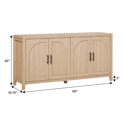 Walker Edison Sasha 4-Door Reeded Sideboard Buffet with Cord Management, 60 Inch, Coastal Oak