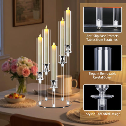 Cheloment 4 Sets 5 Arms Acrylic Candelabra Centerpieces for Tables, 22.8" Clear Candle Holder for Wedding Dinner Party and Home Decor,Candlesticks Holder with LED Candles