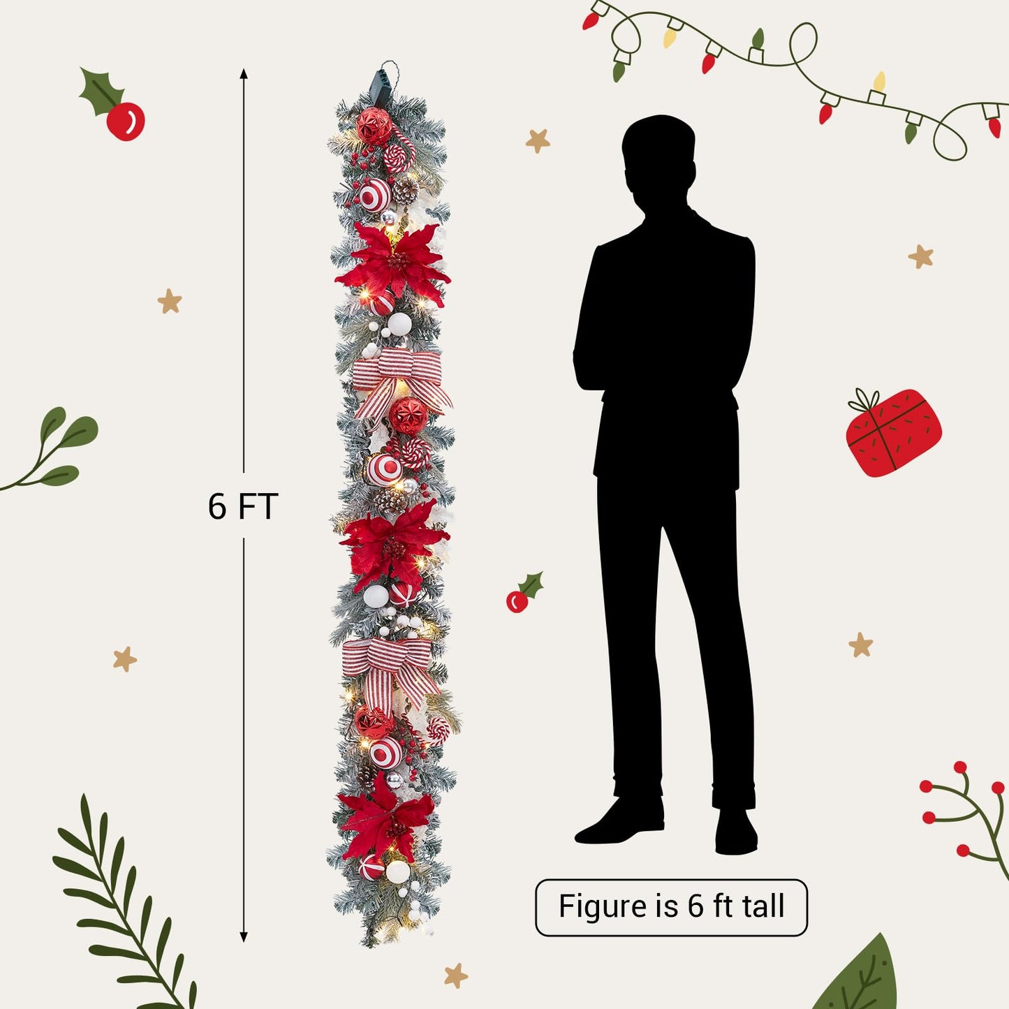 FairyLee 6ft Battery Operated Christmas Garland with 20 LED Lights & Timer, Pre-Lit Artificial Garland for Mantle, Staircase, Table, Indoor Outdoor Xmas Holiday Decor,Red Flower