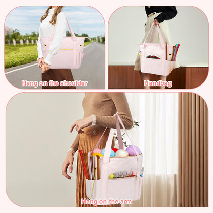 Veirdro Crochet Bag Organizer for Yarn Storage, Velvet Knitting Tote Bag with Double Handle for Crochet Accessories, Portable Travel Case for Yarn Balls, Crochet Hooks& Knitting Needles Holder (Pink)