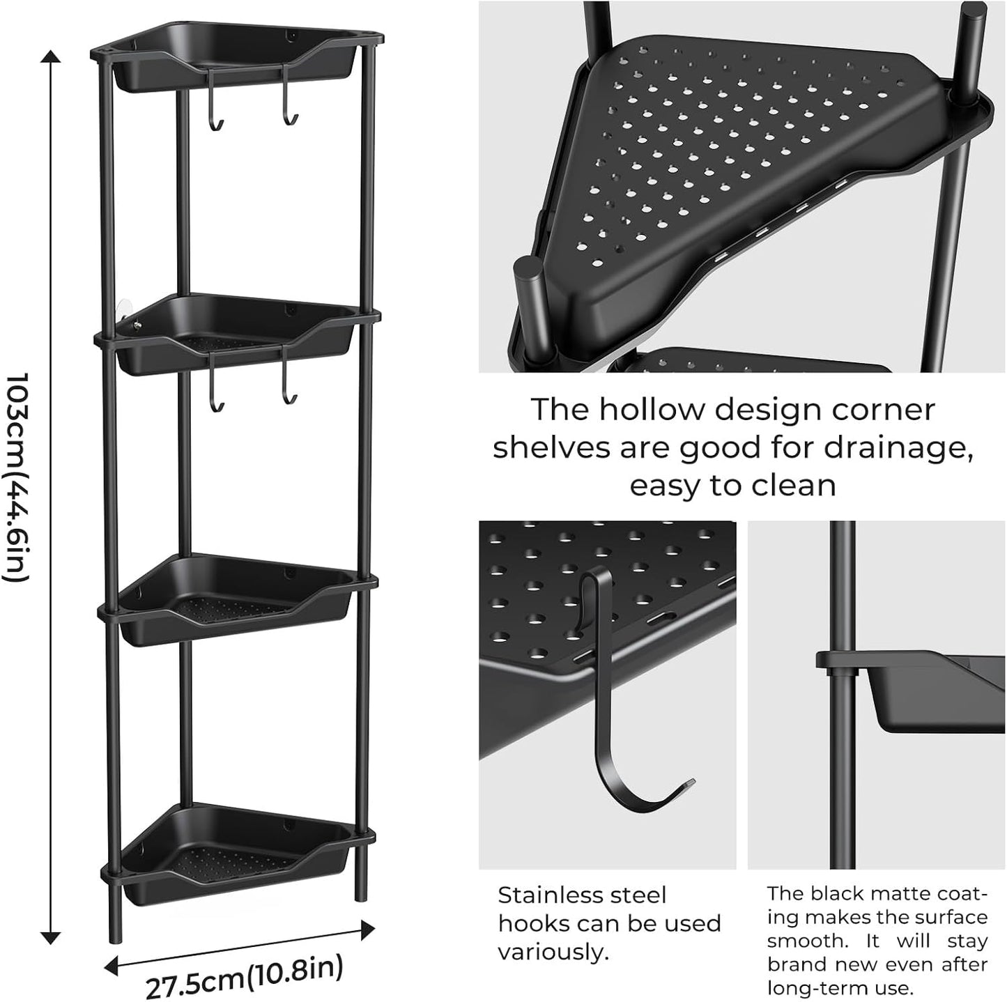 4 ODesign Tier Corner Shower Caddy,Corner Shelf Stand for Living Room Bedroom Bathroom,Shower Table,Plastic Metal