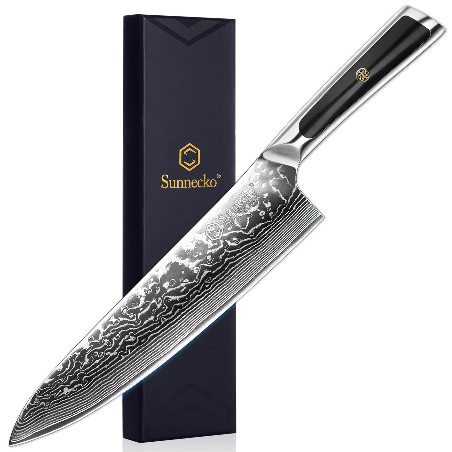 Sunnecko 8 Inch Japanese Damascus Chef Knife - Ultra Sharp 10-12 Degree Edge VG10 67 Layers Kitchen Cooking Knives for Meat, Vegetable & Fruit, Full Tang Forged Blade, Premium Father Day Gift Box