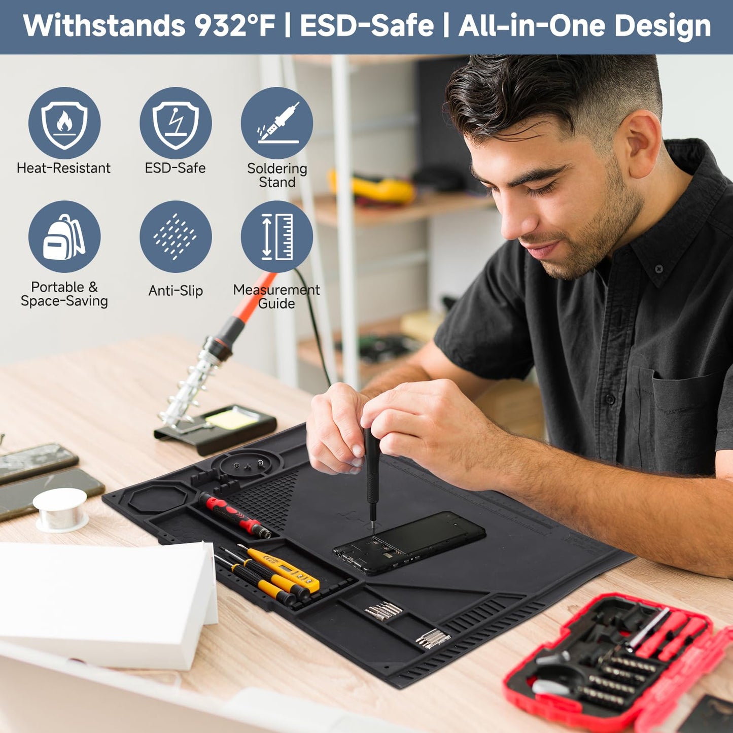 VECO-T Silicone Soldering Mat with Soldering Stand, 20x14 Inch ESD Anti Static & 932°F Heat Resistant Workbench Mat for Electronics Repair, PCB, Phone, Watch, PC Building