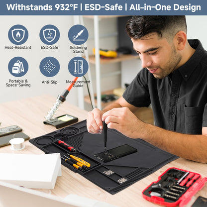 VECO-T Silicone Soldering Mat with Soldering Stand, 20x14 Inch ESD Anti Static & 932°F Heat Resistant Workbench Mat for Electronics Repair, PCB, Phone, Watch, PC Building