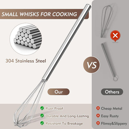 10 Inch Mini Whisk, 304 Anti-Rust Stainless Steel Small Whisks for Cooking, Baking, Mixing Ingredients & Deep Containers (1 Piece)