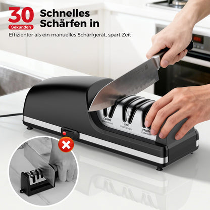 Professional Electric Knife Sharpener, 3-Stage Diamond Abrasive Sharpening System, Replaceable Sharpening Heads, 15° Precision Angle Guide for Kitchen Knives, Quick Blade Repair and Restoration