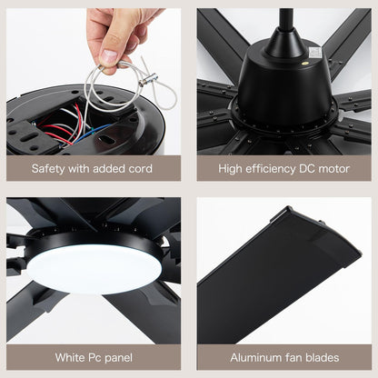 84 Inch Industrial Ceiling Fans with Light,Large Ceiling Fan with Modern 8 Aluminum Blades,Compatible with Alexa,Noiseless DC Motor,Black Outdoor Fan for Garage or Pool area