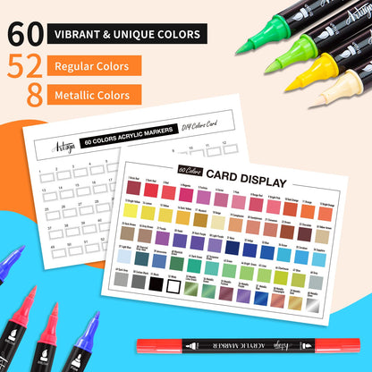 Artugn 60 Colors Acrylic Paint Pens, Dual Tip Pens With Fine Tip and Brush Tip for Rock Painting, Ceramic, Wood, Plastic, Calligraphy, Scrapbooking, Brush Lettering, Card Making, DIY Crafts