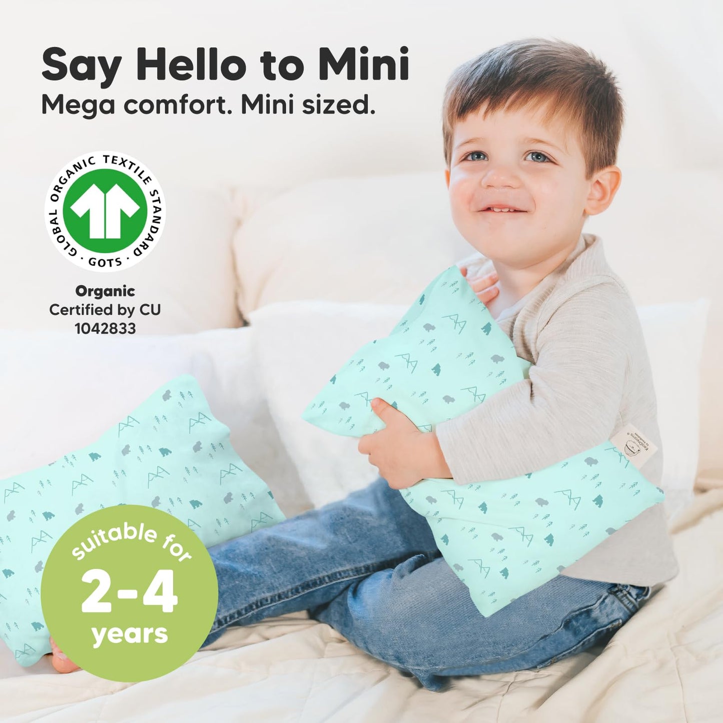 Mini Toddler Pillow with Pillowcase - 9x13 My Little Dreamy Travel Kids Pillow for Sleeping, Toddler Bed, Small, Tiny, Organic Cotton Pillowcase, Soft & Breathable, Kids 2-4 Years Old (Polar)