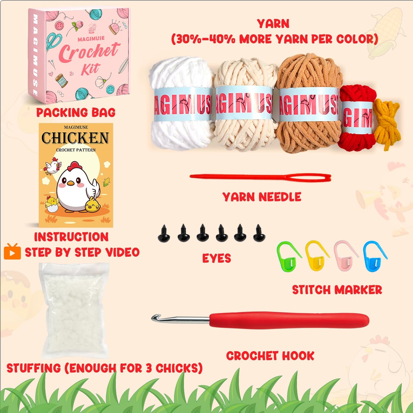 MAGIMUSE Crochet Kit for Beginners, Crochet Starter Kits for Adults Amigurumi Craft Knitting Crochet Animals Kits with Step-by-Step Video Tutorials, 3 Pcs Chicken (40%+ Yarn)