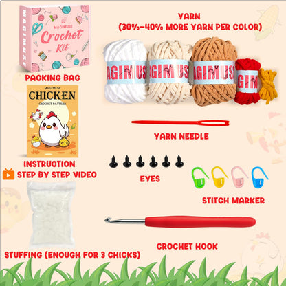 MAGIMUSE Crochet Kit for Beginners, Crochet Starter Kits for Adults Amigurumi Craft Knitting Crochet Animals Kits with Step-by-Step Video Tutorials, 3 Pcs Chicken (40%+ Yarn)