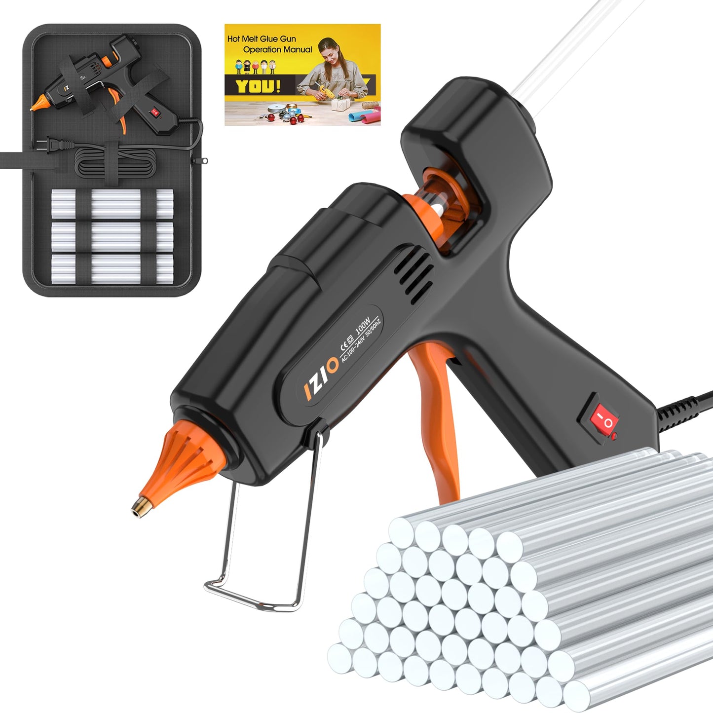IZIO Professional Hot Glue Gun Kit-100W Fast Heat, 21 Glue Sticks(7/16"), Detachable Anti-Scald Nozzle & Durable Pouch | Heavy lightweight for diy projects, home repairs,ergonomic grip,Black gluegun