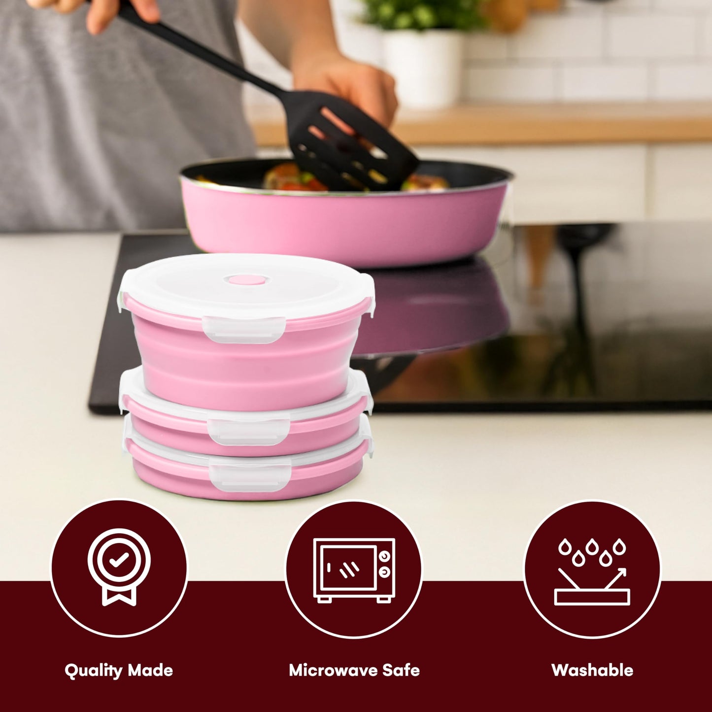 Vdomus Collapsible Food Storage Containers - Leak Proof, Microwave Safe - 40.5oz/1.2L Airtight Silicone Food Containers - Meal Prep Collapsible Bowls with Lids - Set of 3 - Green