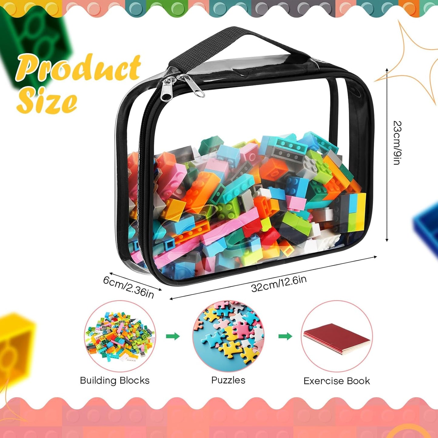 Sanwuta 3 Packs Toy Storage Bags with Zipper, Clear PVC Organizing Bags for Board Games and Kids Books (Black, White,