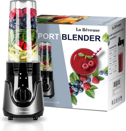 La Reveuse Personal Size Smoothies Blender, 300 Watts with 24 oz BPA-Free Portable Travel Sports Bottle (Grey)