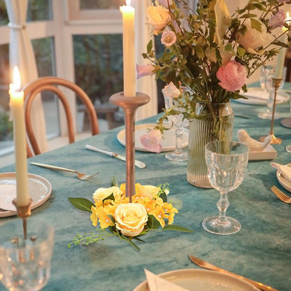 2PCS Artificial Roses Candle Rings Wreaths 4 Inch Center for Pillars Wedding Centerpiece Table Decorations Fake Rose Eucalyptus Leaves Floral Candle Ring for Holiday Party Supplies (Yellow)