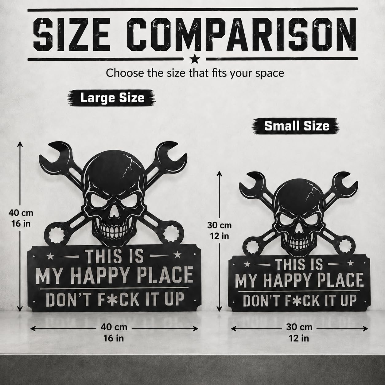 YXESO This Is My Happy Place Sign, 12 in Funny Black Metal Garage Metal Wall Art Sign with Skull & Wrench Design for Man Cave, Workshop, Tool Shed, Home Bar, Mechanic Dad Decor