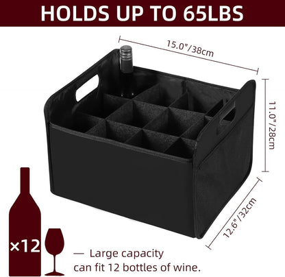 12 Bottle Wine Carrier - Collapsible Premium Felt Tote with Handles for Travel, Party, Picnic, Black