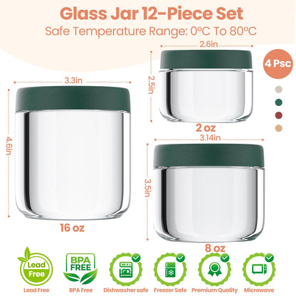 12Pack Overnight Oats Containers with Lids, 16oz, 8oz & 4oz Glass Jars with Airtight Lids, Wide mouth Mason Salad jars, Glass Food Storage Containers for Yogurt Chia Pudding Snacks Cereal & Spices