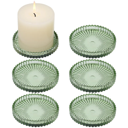 CHOCSTAY Glass Pillar Candle Holder, 4" Green Candle Plates Set of 6, Glass Candle Holders for Wedding, Party, Holiday, Home Decor, Table Centerpiece