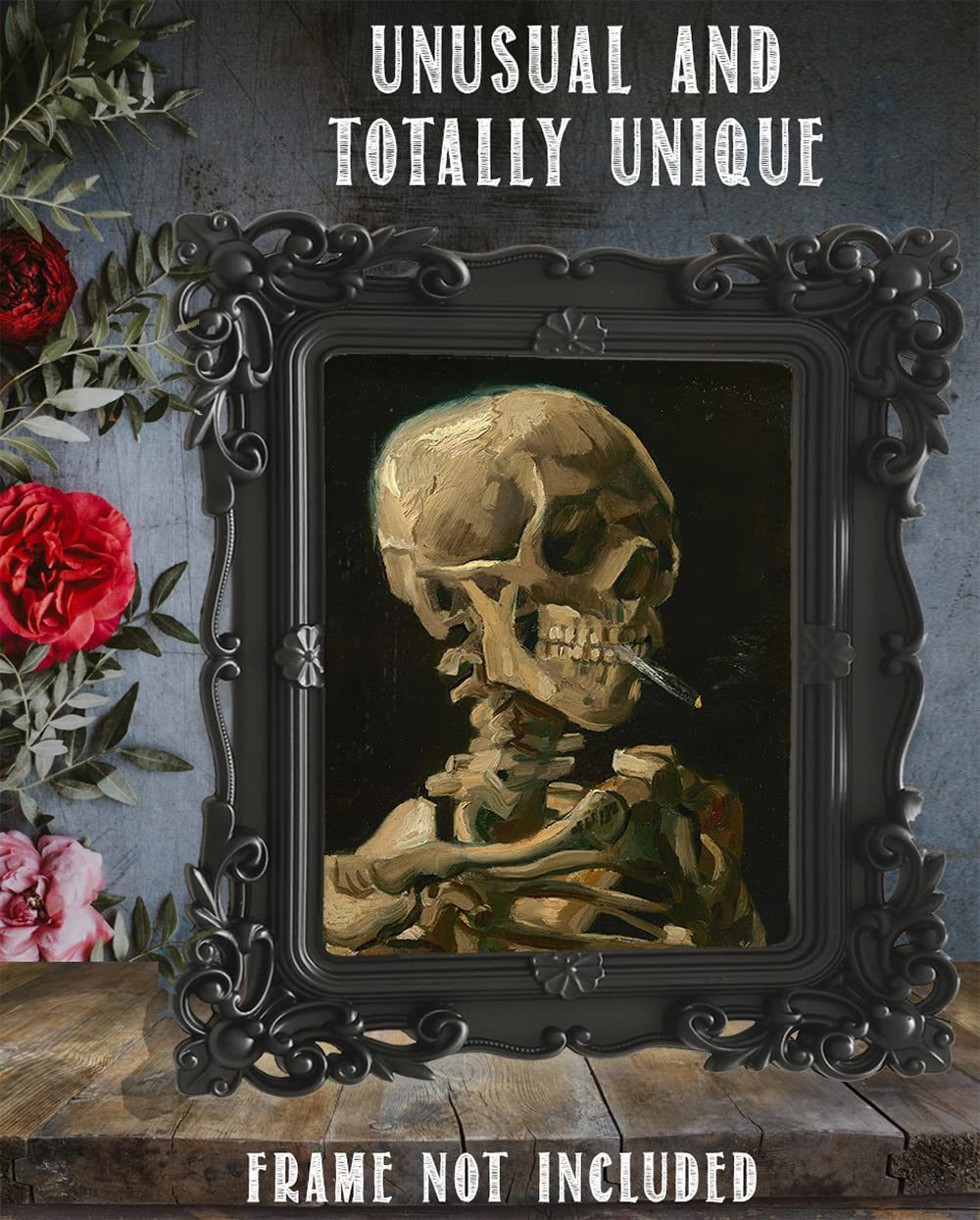Skeleton Smoking Weed by Vincent Van Gogh 11x14 Unframed Print – Macabre Yet Humorous Gothic Art, Morbidly Rebellious Post-Impressionist Expressionist Decor, Creepy Halloween Dark Humor Aesthetic