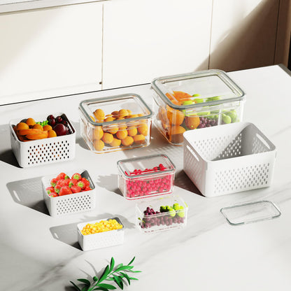 4 Pcs Fruit Storage Containers for Fridge (with Drain Basket) - Leak-Proof Food Containers, BPA-Free, Keep Fruits, Vegetables, Berries, and Meats Fresh for a Long Time, Dishwasher and Microwave Safe