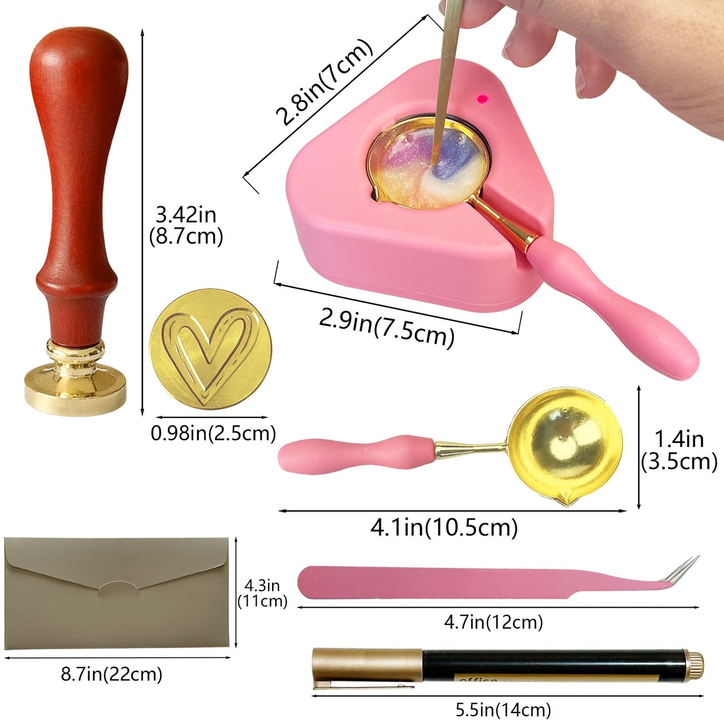 Electric Wax Seal Warmer Kit - Complete Set with Heart Stamp, 600 Wax Beads, 10 Envelopes & 2 Pens - Perfect for Wedding Invitations & DIY Letters (001Pink)