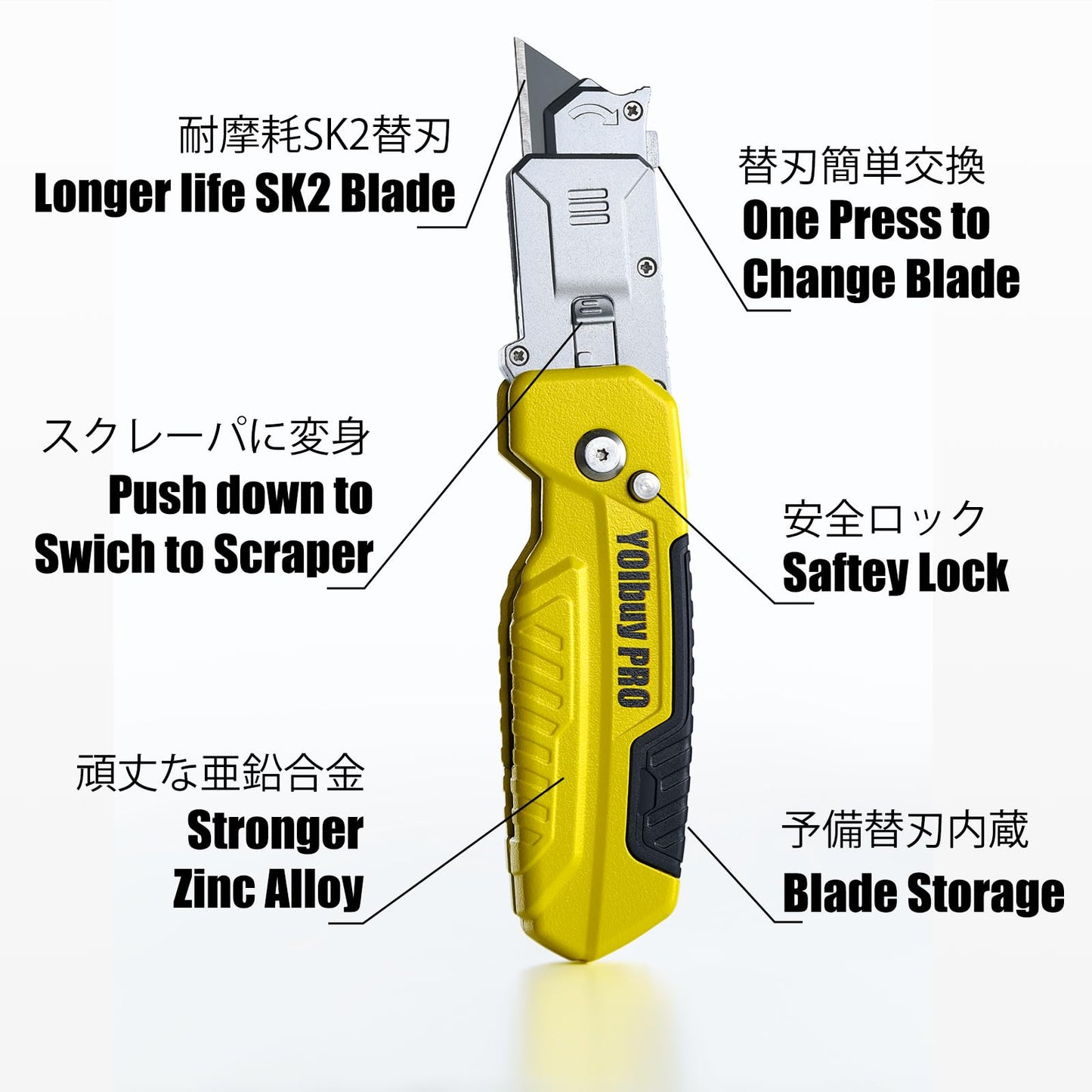 YOIbuy PRO Foldable Utility Knife with Scraper Function, Holds 2 Replacement Blades, Zinc Alloy Body, SK2 Replacement Blade