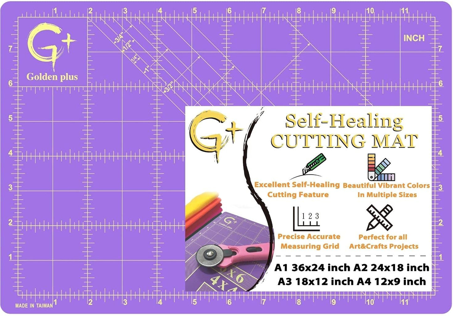 G+ Self-Healing Cutting Mat - True A4 9 x 12" (9 x 13" Full) Inches Purple/Black ; Self-Healing Double-Sided Durable Non-Slip Cutting Board for Crafts, Sewing, Fabric, Modeling and All Arts Projects
