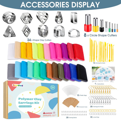 Snoghmil Polymer Clay Earring Making Kit with Gift Box, Including 32pcs Polymer Clay Cutters, 24pcs Oven Bake Clay, 30 Set Earring Rings&Hooks, Jewelry Making Kit for Teen Girls