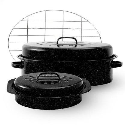 Enamel Roaster Pan With Lid and Rack Set 13"19"Granite Roasting Pans, Oval Large Turkey Baking Pan Suitable for Cooking 20lb Poultry and Beef High Temperature Resistance Oven Cookware
