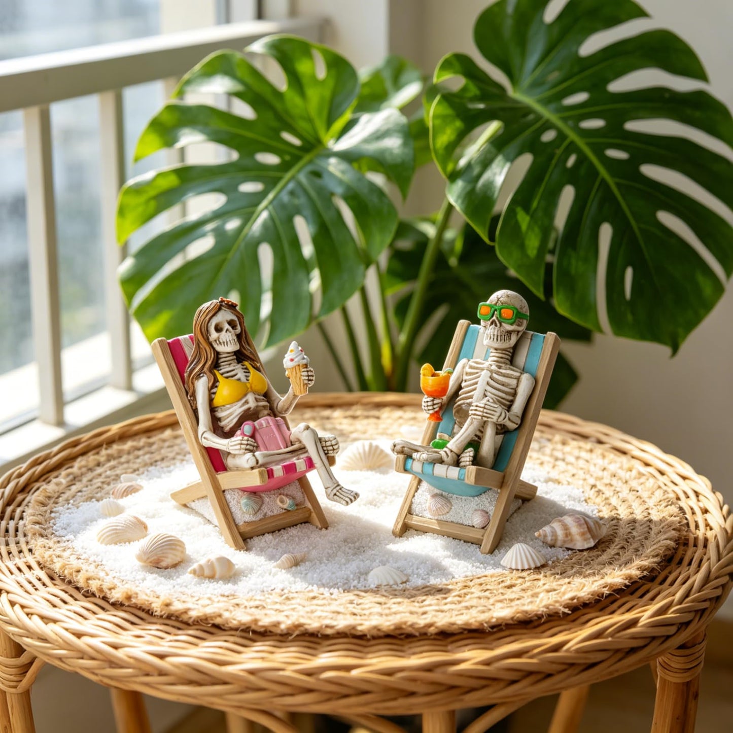 Summerween Skeleton Summer Decor - Resin Set of 2 Skeletons Summer Decorations for Home Tropical Themed Collectible Figurines for Beach Halloween Party & Home Decor Accents 2 x 4 x 4 Inches DiliComing