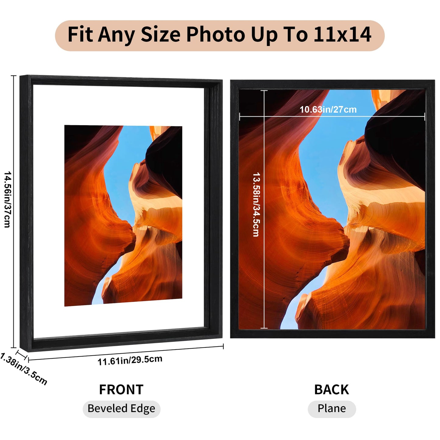 YOTINTIN 11x14 Floating Frames 2 Pack Wooden Photo Frame Double Sided Glass Picture Frame for Any Size Picture up to 11x14, Wall Mount or Tabletop Displays, Double-edged Frames, Black