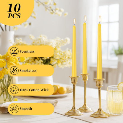 KONNI 0.87×10 Inch Yellow Taper Candles, Unscented and Smokeless Tall Candlesticks, 10 Pack Tapered Candles with Cotton Wicks, Long Burning, Ideal for Weddings, Dinner Parties, and Home Décor
