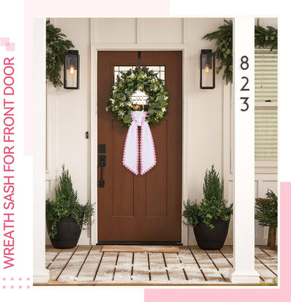Skiennix Scalloped Wreath Sash - Elegant Ruffle Ribbon Bow for Front Door Decor | White & Pink Set of 2