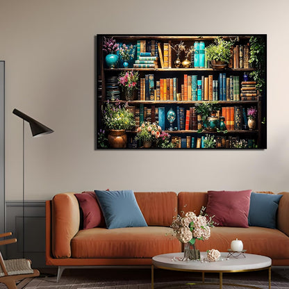 Ohhvvow 5D Bookshelf & Blooms Large Diamond Art Kit for Adults, 27.5x15.7 Inch Cozy Library Diamond Painting with Books & Flowers, DIY Full Drill Gem Craft Kits, Gift for Book Lovers & Beginners
