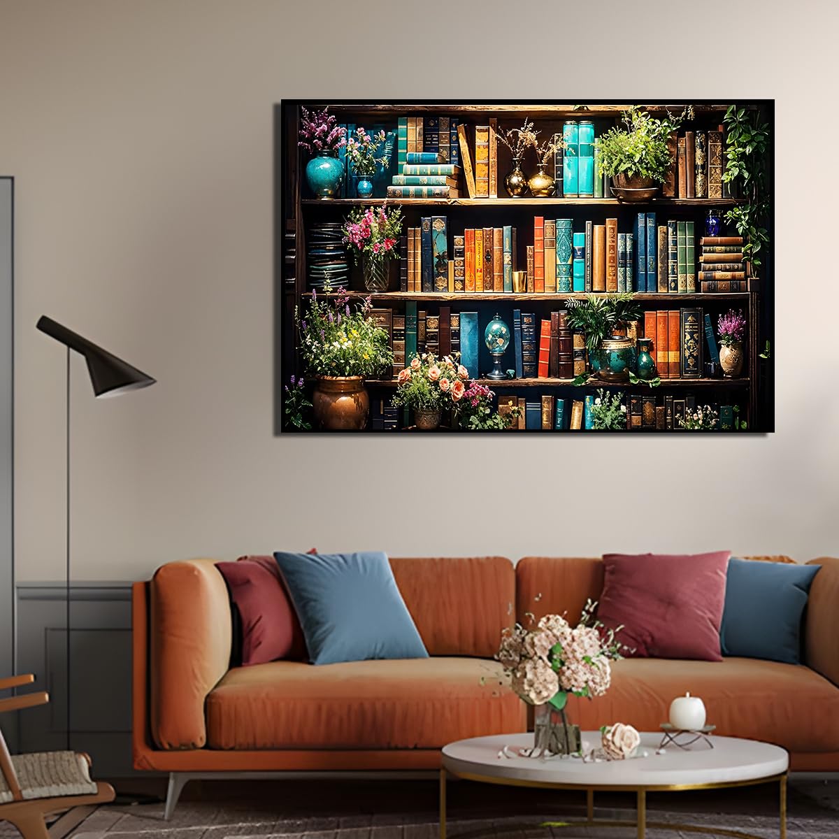 Ohhvvow 5D Bookshelf & Blooms Large Diamond Art Kit for Adults, 27.5x15.7 Inch Cozy Library Diamond Painting with Books & Flowers, DIY Full Drill Gem Craft Kits, Gift for Book Lovers & Beginners