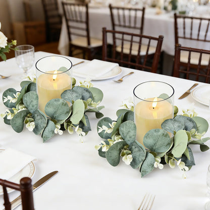 6 Sets LED Candle Rings with Artificial Eucalyptus Wreaths, 4-Inch Center Pillar Candle Holders for Wedding Table Centerpieces, Party Home Decor