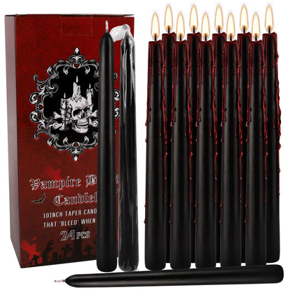 24 Pack Vampire Tears Taper Candles, 10 inch Tall Bleeding Candles, Unscented Black Tapered Candlesticks, Spooky Blood Drip Candle Set for Halloween Party Gothic Home Decorations