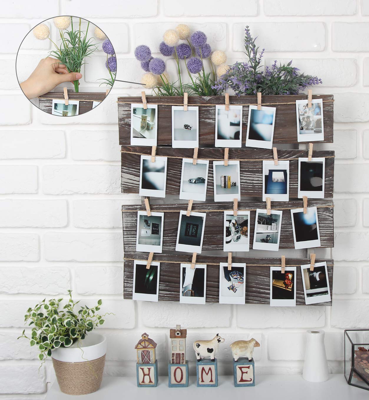 J JACKCUBE DESIGN Wall Mount Rustic Wood Clip Photo Holder, Photo Collage Frame for Multi Photo Display Wall Décor with 24 Clips 17.5 X 17.3inch - MK558A