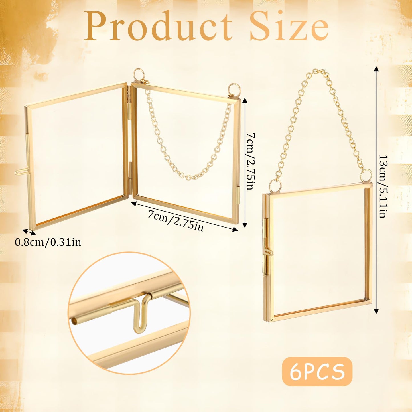 6pcs Glass Frames for Pressed Flowers Gold Mini Glass Hanging Frame 2.7x2.7x0.3 Inch Square Mini Metal Picture Frame Ornaments Clear Double Sided Glass Floating Frame Hanging Artwork Display Frame
