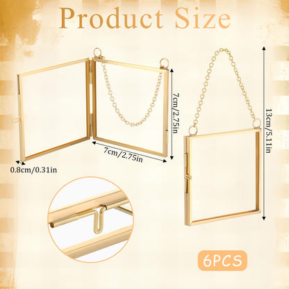 6pcs Glass Frames for Pressed Flowers Gold Mini Glass Hanging Frame 2.7x2.7x0.3 Inch Square Mini Metal Picture Frame Ornaments Clear Double Sided Glass Floating Frame Hanging Artwork Display Frame