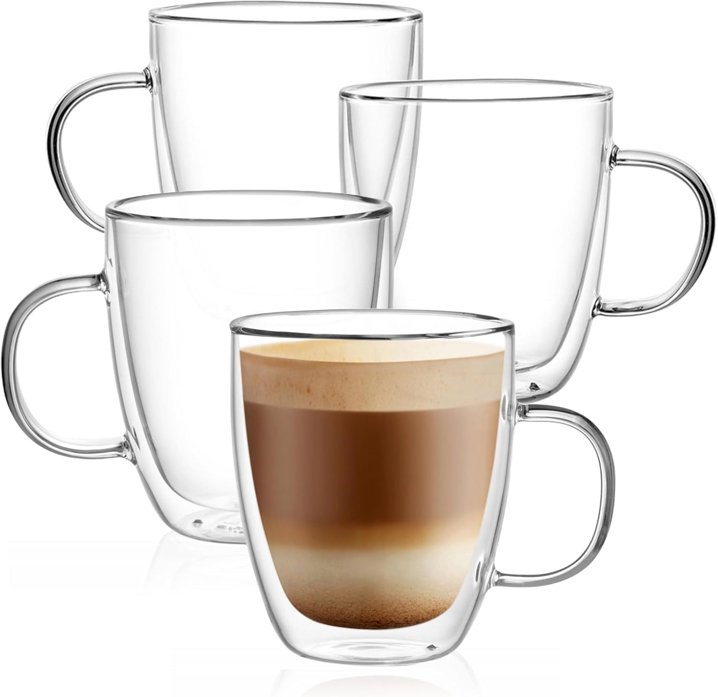 12oz,Double Handle,Set 4 CNGLASS Large Glass Coffee Mugs Walled Insulated Cappuccino Mug