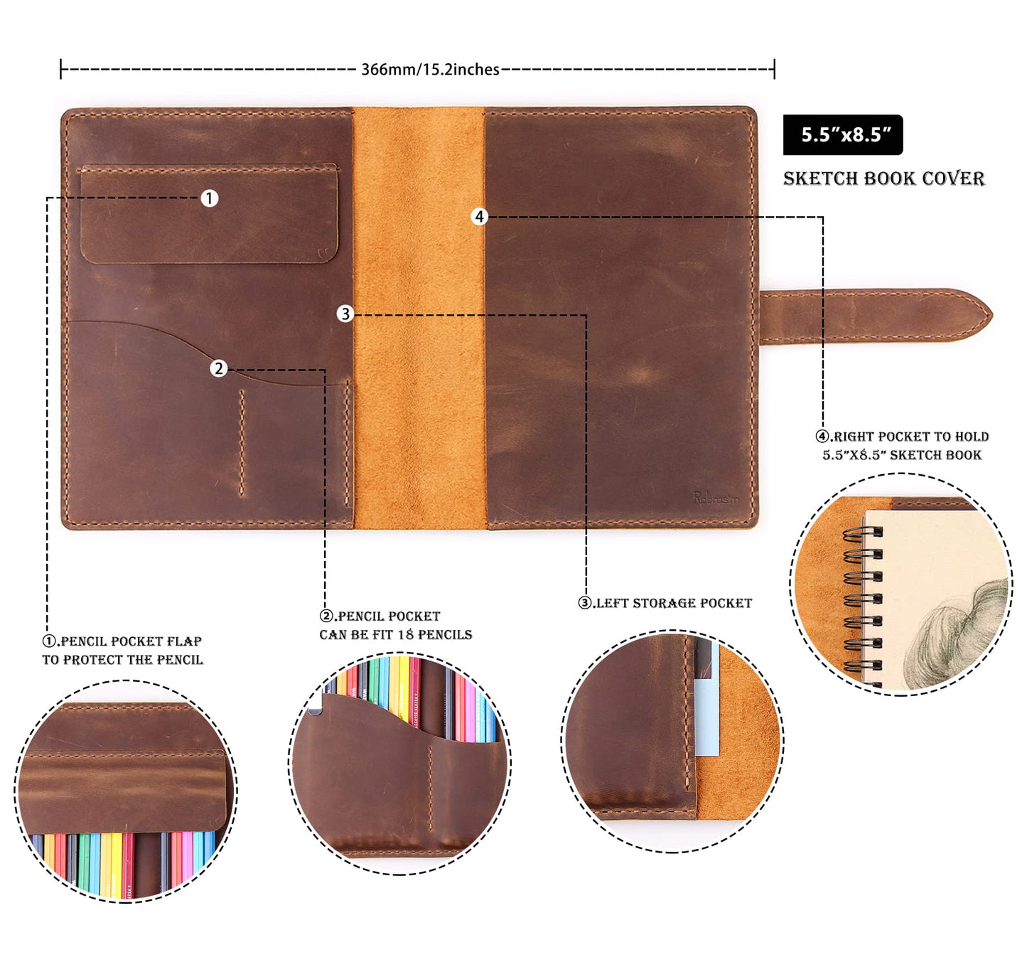 Robrasim Handmade Leather Sketchbook Cover, Leather Artist Sketch Pad Cover for 5.5" x 8.5" Sketchbook, Drawing Book and Pencil Case, Journal Notebook Portfolio, Artis Gifts-Brown