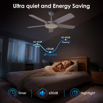 ropelux 52-Inch Ceiling Fans with Lights: Powerful Wind, Ultra-Quiet, High Bright&Screw-Free for Blade Installation, Dimmable, Forward&Reversible Fan with Remote APP Control for Bedroom/Living Room.