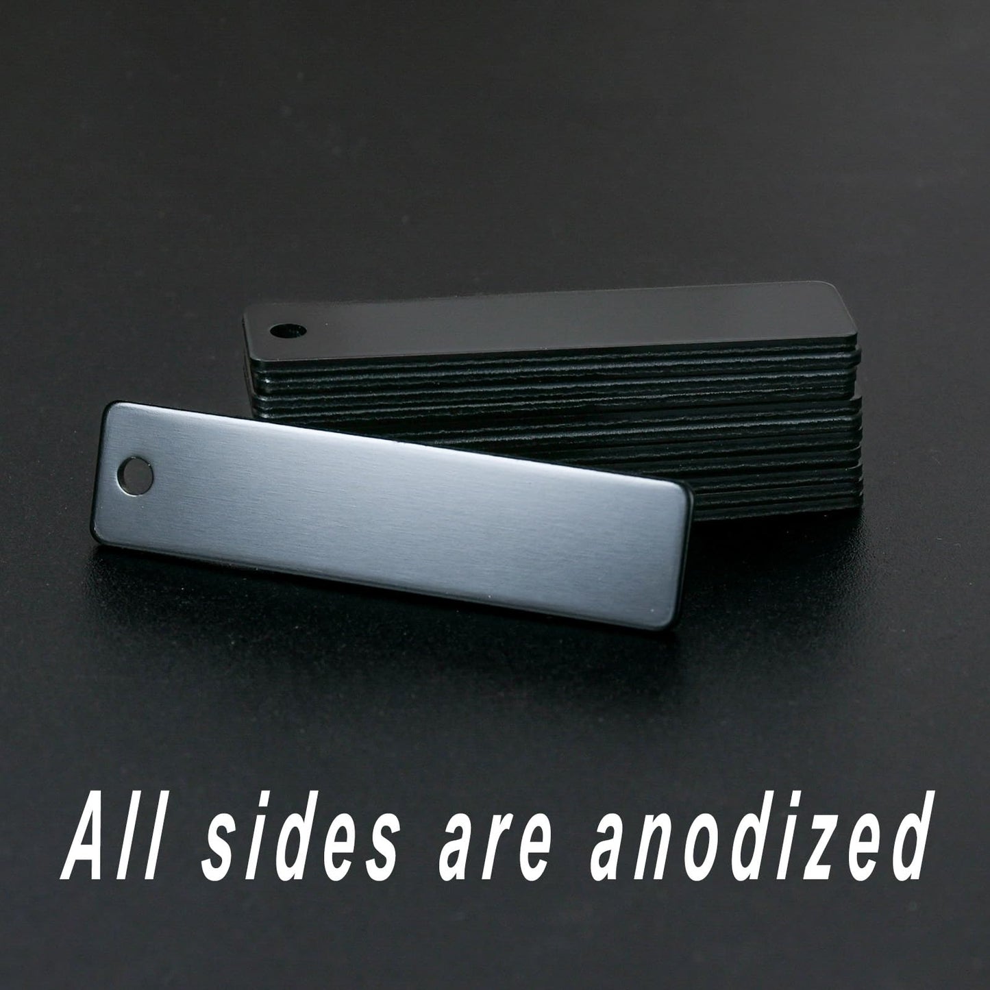 ABBECIAO Engravable Metal Keychain Blanks for Laser Engraving, 2" x 1/2" Anodized Aluminum Rectangle Stamping Blanks with One Hole, 14ga. Thick, Pack of 25 (Black)
