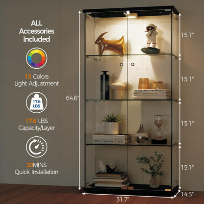 GarveeHome 4 Shelves Display Cabinet, Tempered Glass Curio Showcase with LED Light & Lock, Double Doors Storage Cabinet for Living Room Bedroom Office, Black, 64x31.7x14.3 Inch