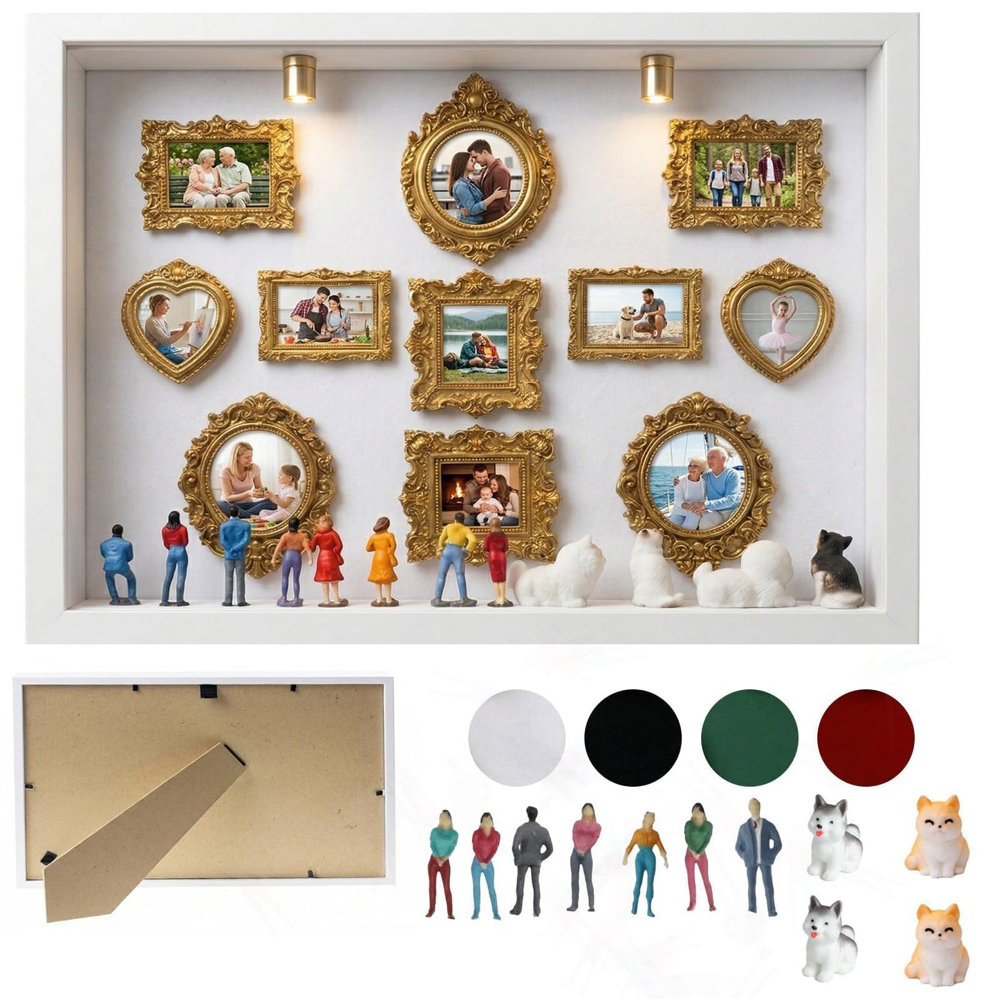 All-in-One DIY Shadow Box Kit,Mini Gold Frames with Museum of Figurines | LED-Illuminated Silhouette Box Memory Collage | Anniversary/Wedding Eco-Friendly Decor Gift (B Style)