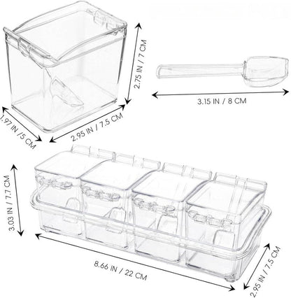 Qulfimea Clear Seasoning Box, 4 Pieces Acrylic Seasoning Rack Spice Jars with Spoons,Storage Container Condiment Jars - Cruet with Cover